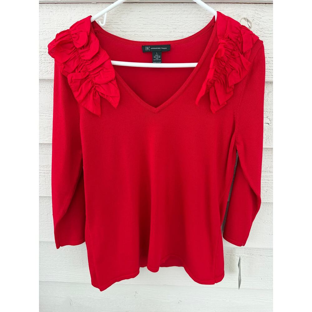 INC International Concepts Red Ruffle Shoulder V-Neck Sweater Top Size M/L - Picture 3 of 6